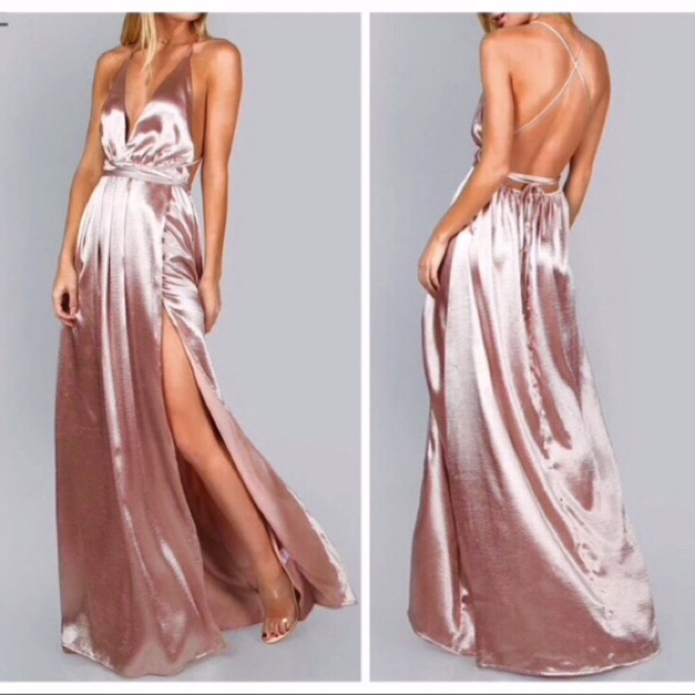 Pink Satin Backless Maxi Dress